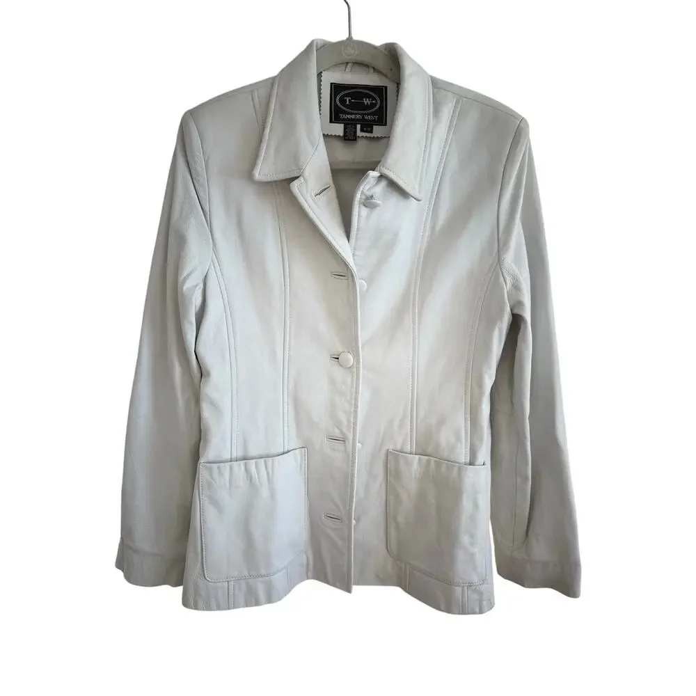 Tannery West Womens White Leather Jacket Stand Collar Button Front Size XS (62)